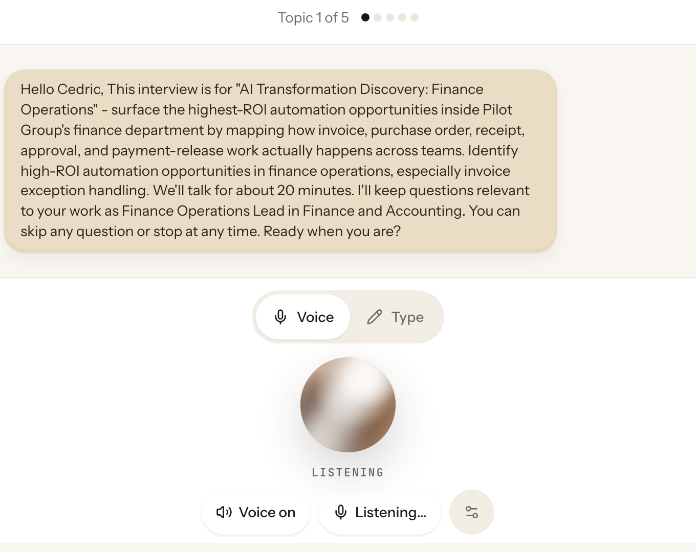 A live Axel voice interview: Axel introducing a 20-minute conversation about finance operations, with the listening orb