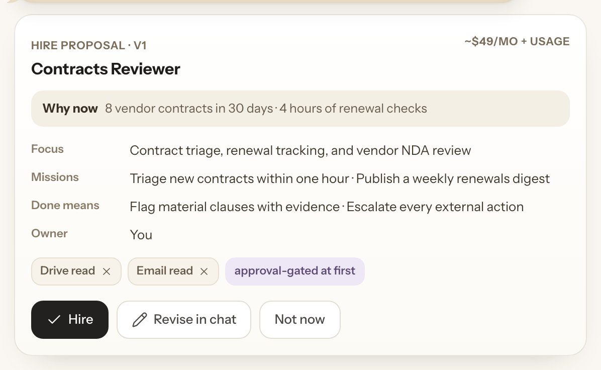 A hire proposal card: role, missions, definition of done, tools, and a Hire button