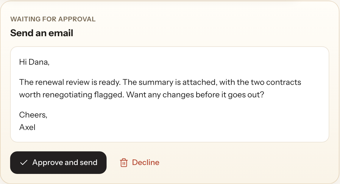 An approval card showing an external email action waiting with its exact payload